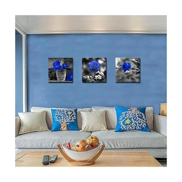 3 paneles de lienzo de rosa azul arte de pared con flores_3