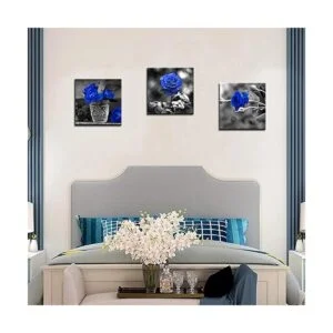 3 paneles de lienzo de rosa azul arte de pared con flores_5
