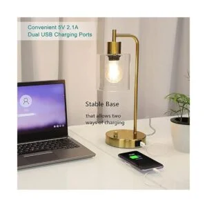 Lámpara de mesa industrial dorada con 2 puertos USB;_2