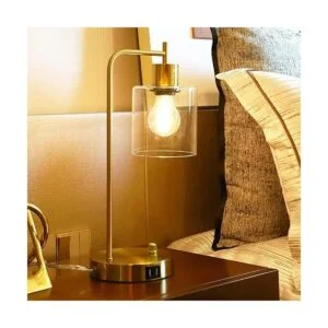 Lámpara de mesa industrial dorada con 2 puertos USB;_3