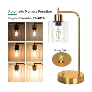 Lámpara de mesa industrial dorada con 2 puertos USB;_4