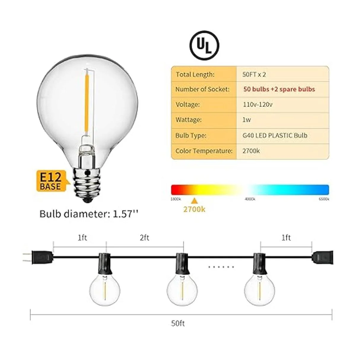 Paquete de 2 luces LED G40 regulables de 100 pies con 52_5