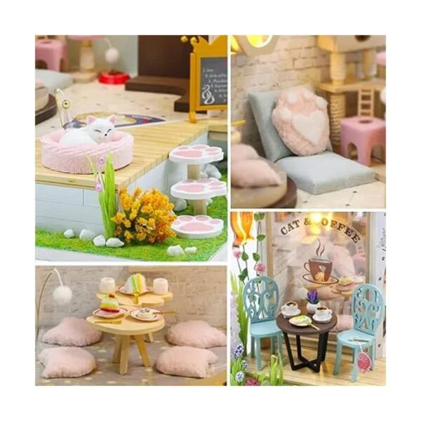 SYW DIY luces LED miniatura casa de muñecas kit gato café_3