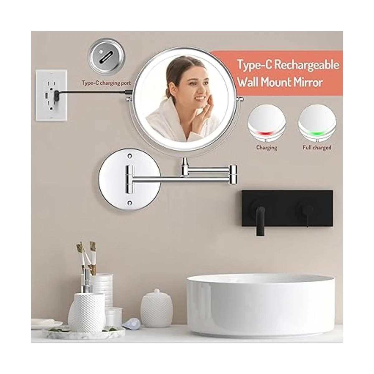 Espejo de maquillaje iluminado de pared recargable_2