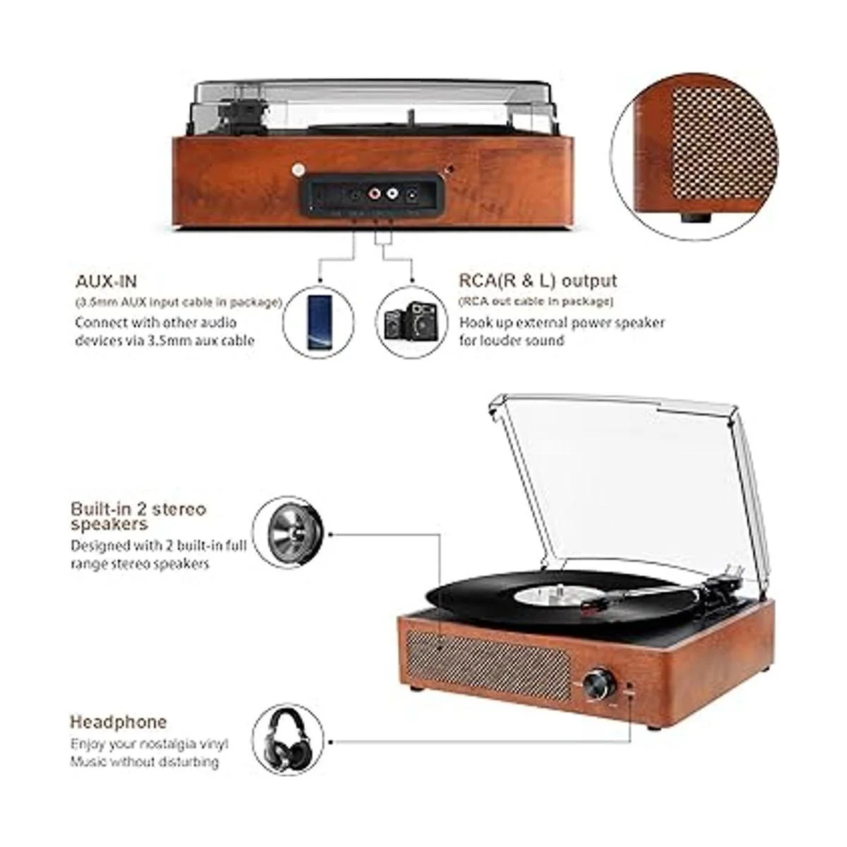 Tocadiscos Bluetooth tocadiscos de vinilo con altavoces_3