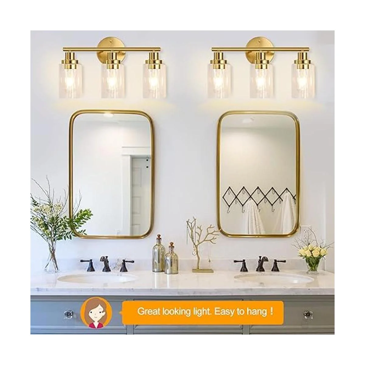 Watyo Lámparas de baño doradas para tocador de 3 luces_6