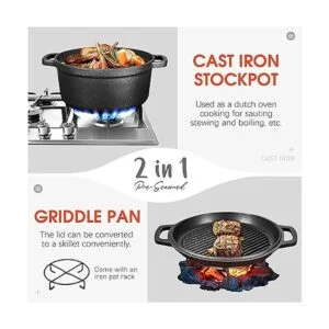 Horno holandés 2 en 1 de hierro fundido presazonado de_6