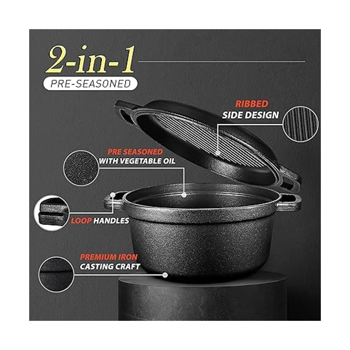 Horno holandés 2 en 1 de hierro fundido presazonado de_2