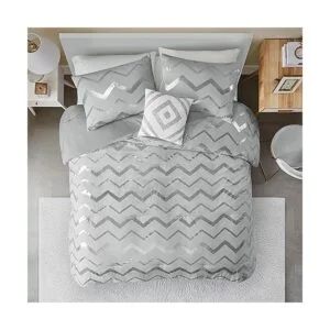 Codi Juego de edredón color gris y plateado con estampado_3
