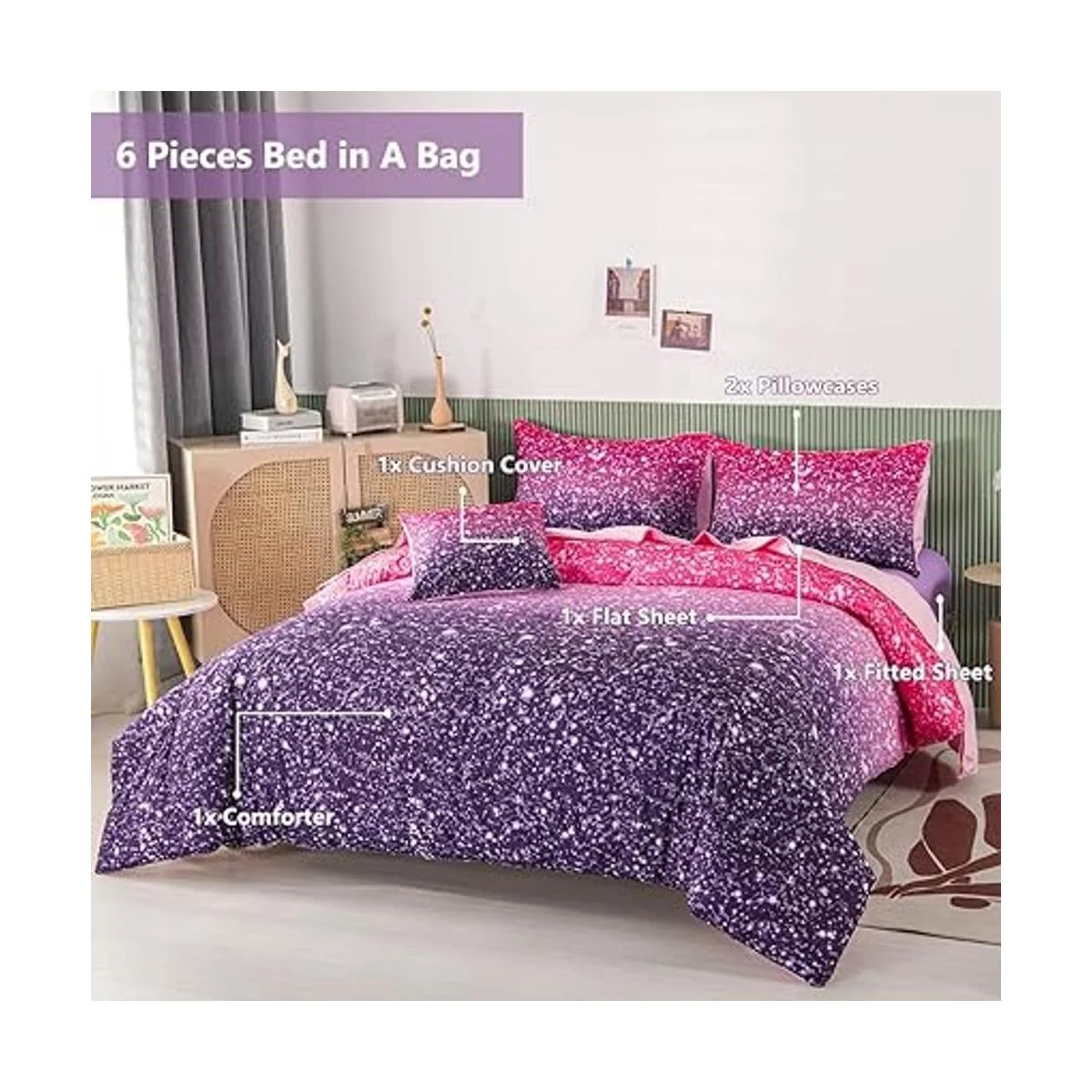 PERFEMET Juego de edredón con purpurina morada tamaño_2