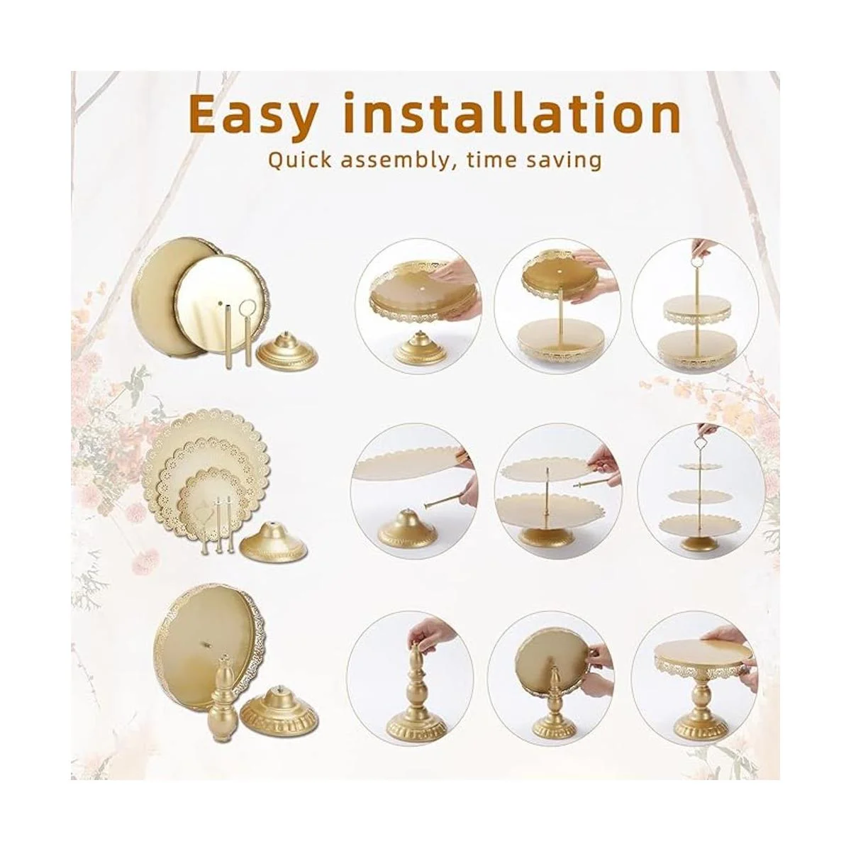 ZUMELER Juego de 5 soportes dorados para tartas redondas_3