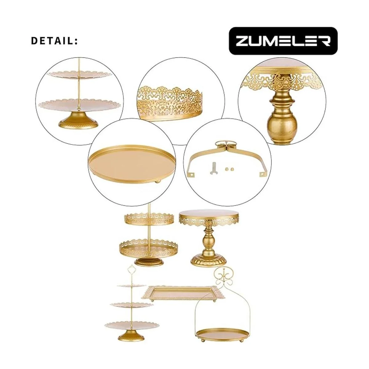 ZUMELER Juego de 5 soportes dorados para tartas redondas_5