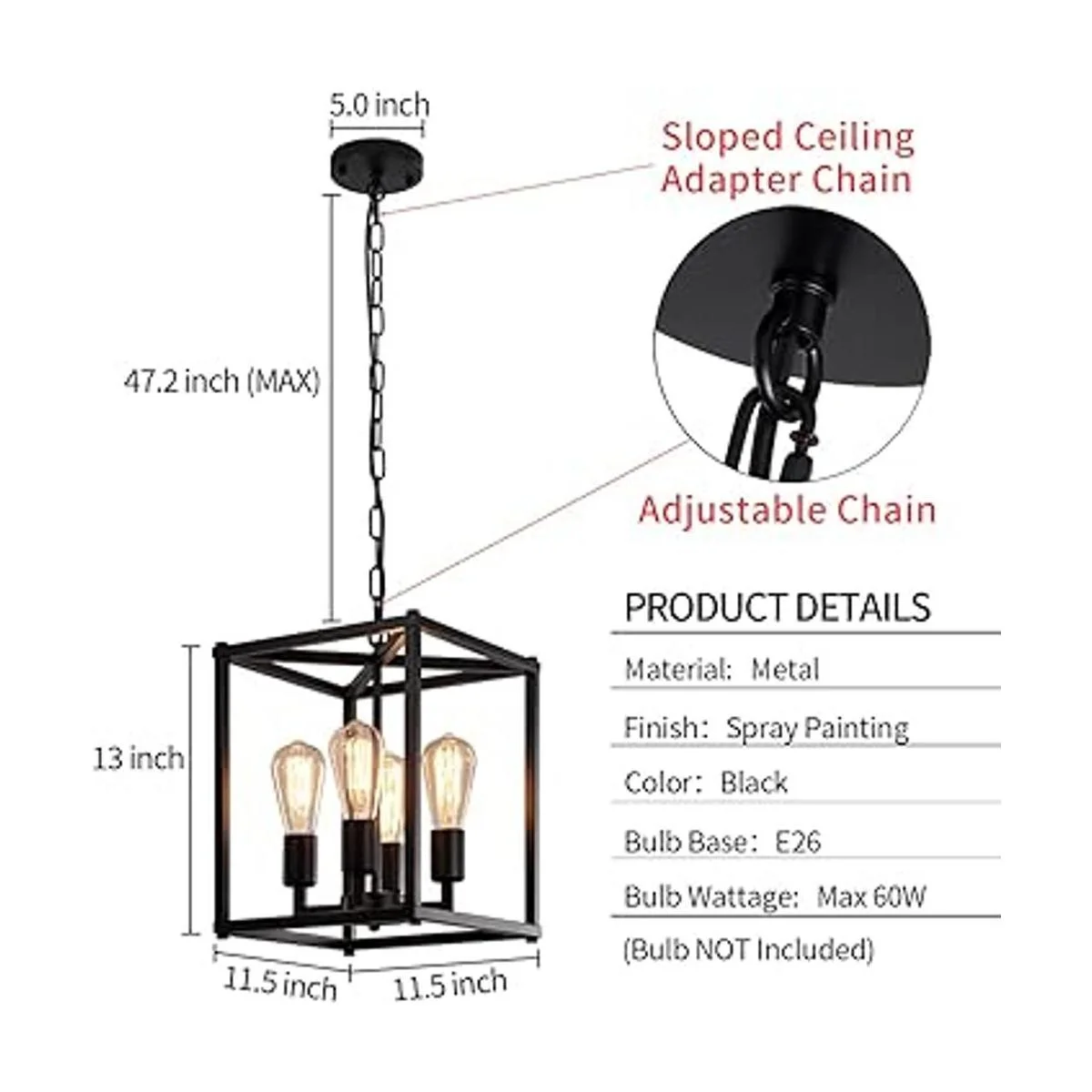 Lámpara de araña negra de 4 luces lámpara colgante de_7