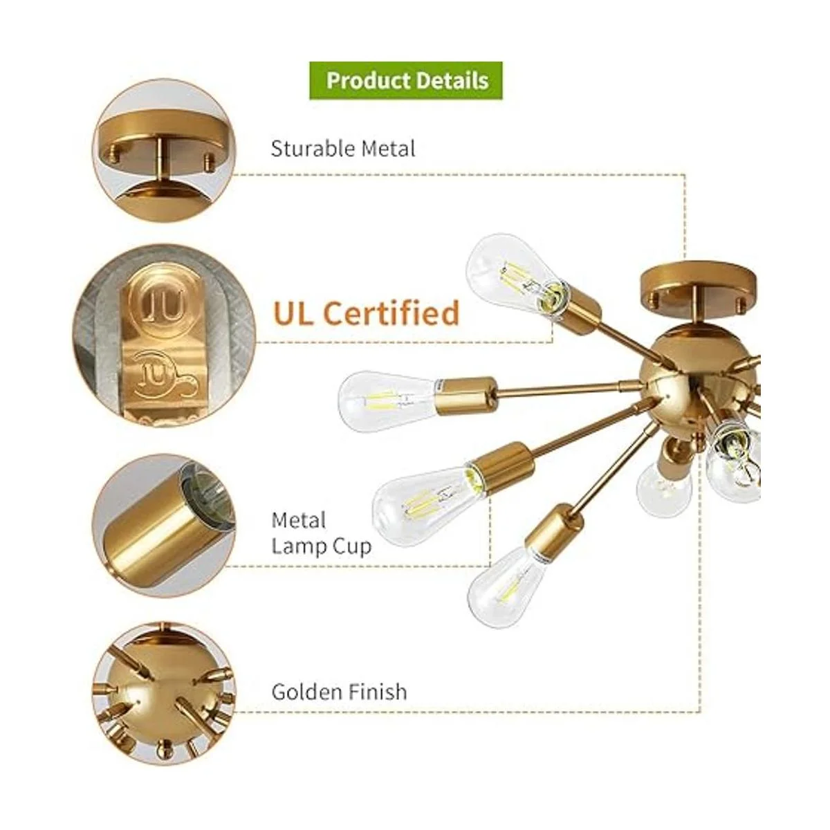 Deyidn Lámparas de araña Sputnik doradas de 10 luces_4