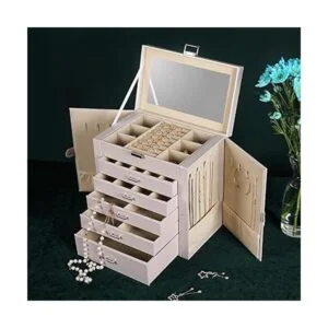 Frebeauty Joyero grande organizador de joyas de cuero_5