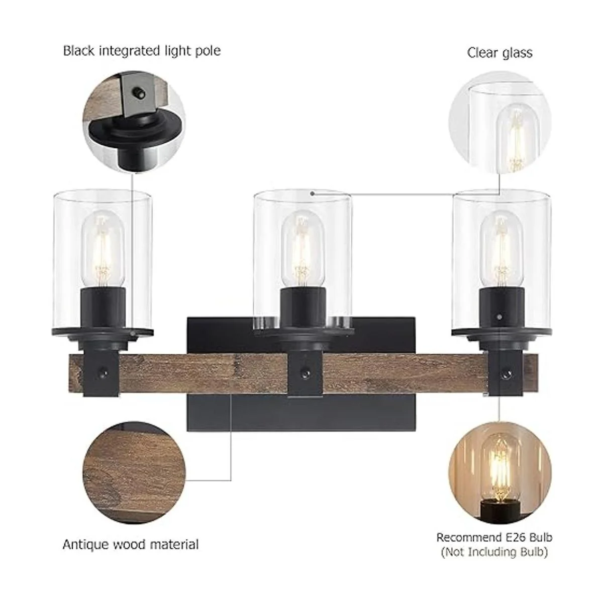 DRNANLIT Luces de tocador de madera rústica 3 luces de_5