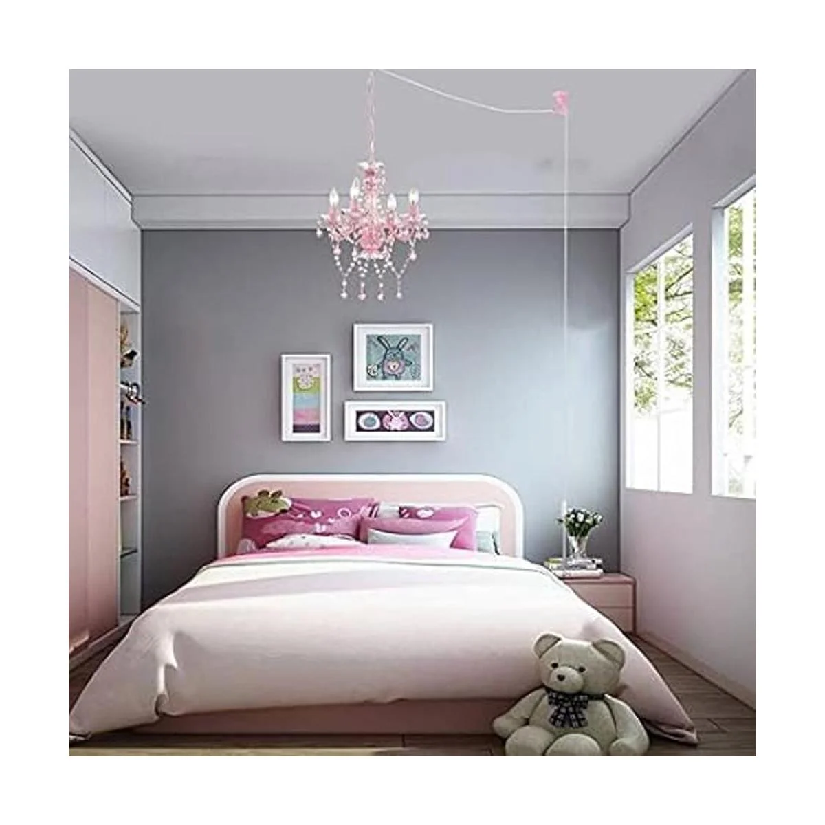 Lámpara de araña enchufable con cable candelabro rosa de_4