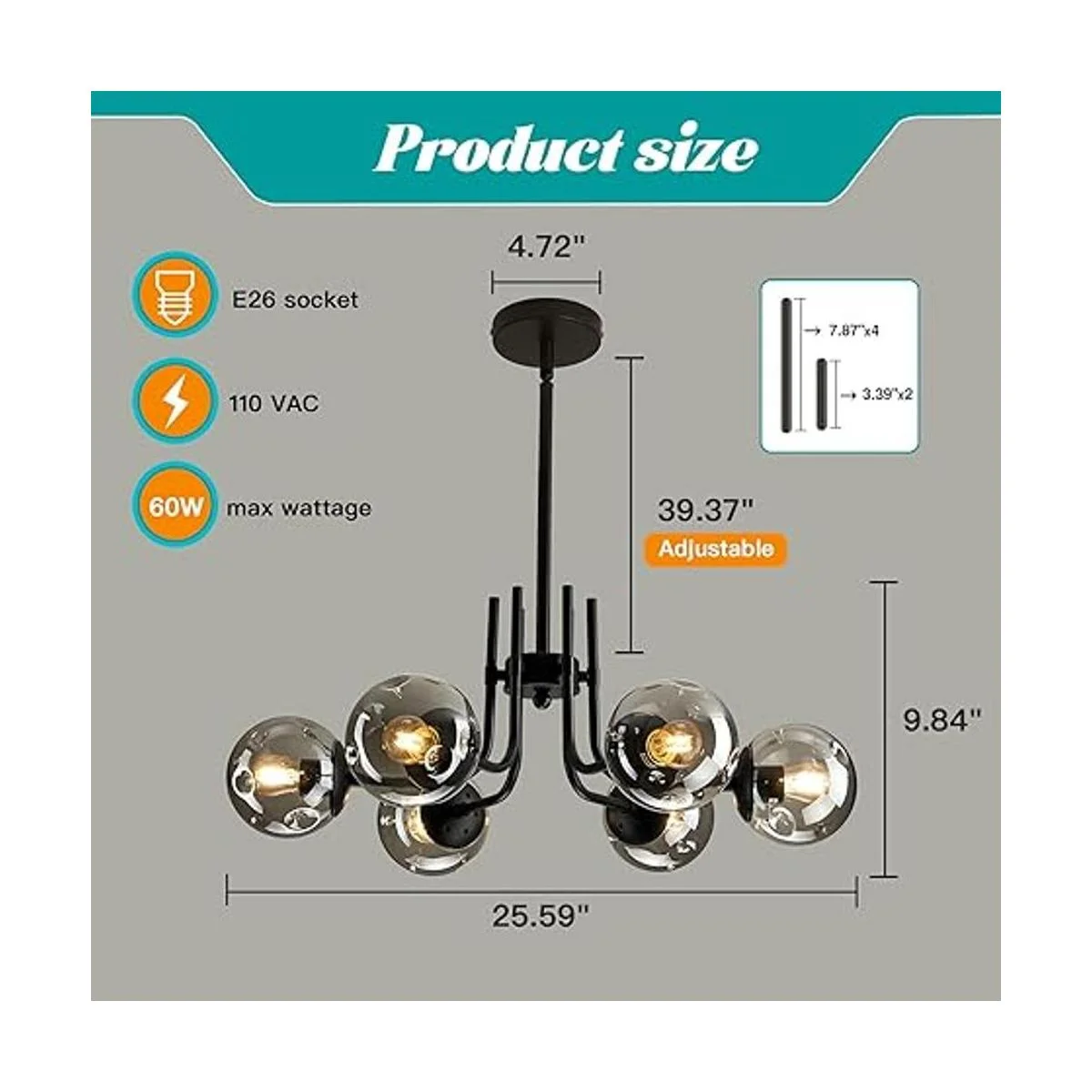 FGSADI Lámpara de araña Sputnik de globo de cristal de 6_2