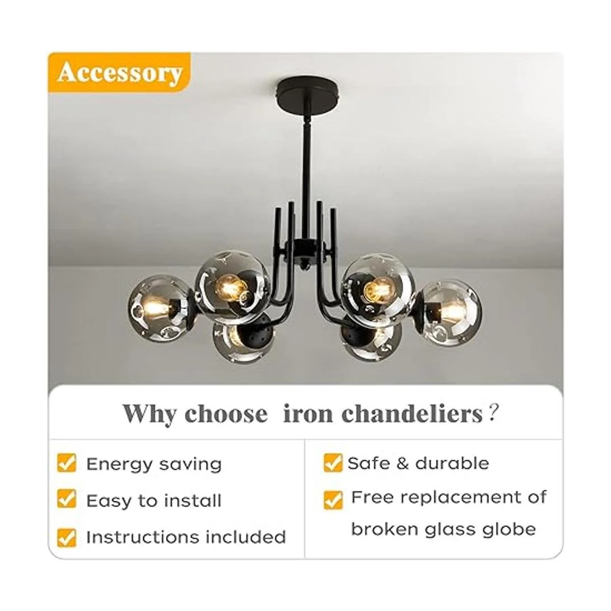 FGSADI Lámpara de araña Sputnik de globo de cristal de 6_3