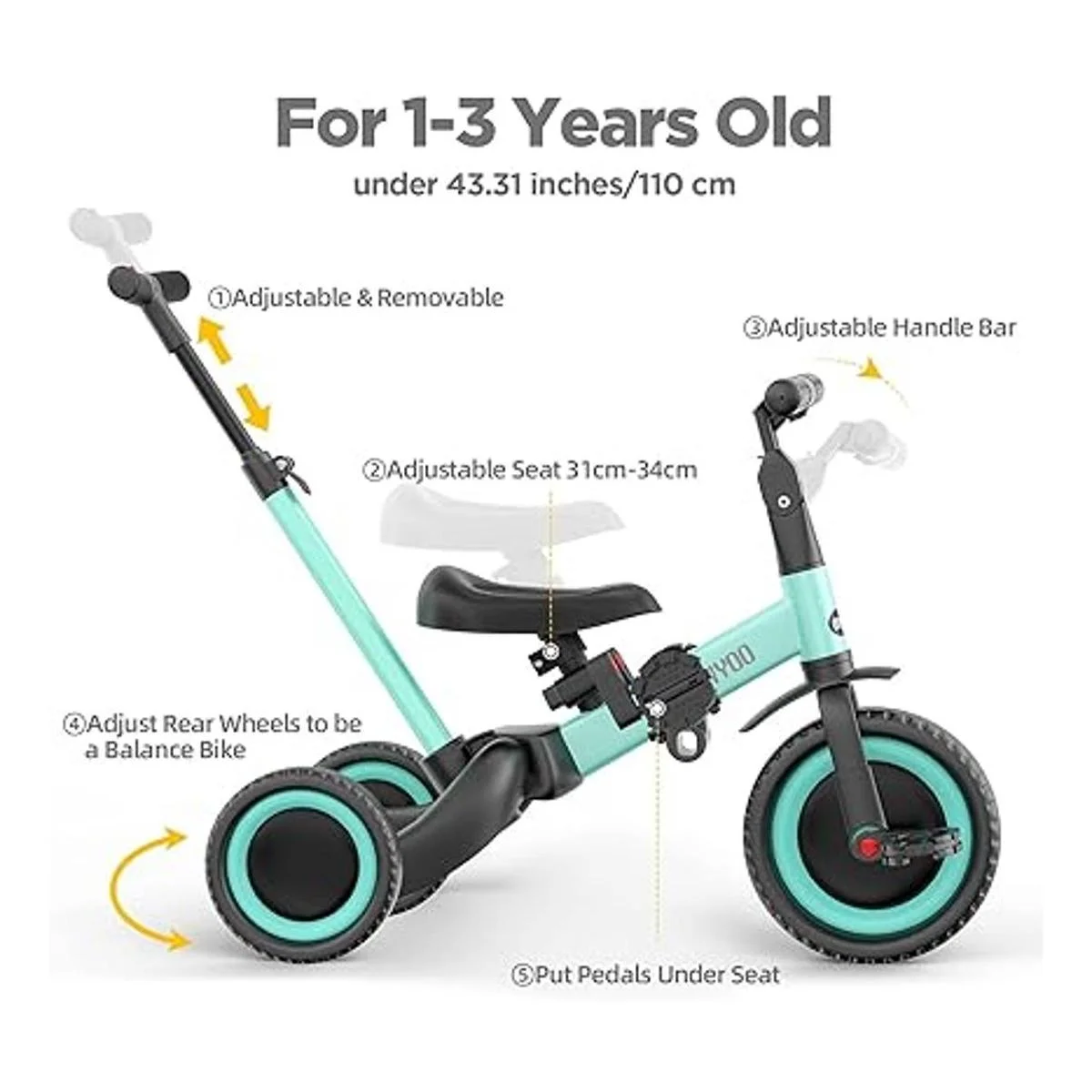 newyoo Triciclo 5 en 1 para niños pequeños con mango de_3