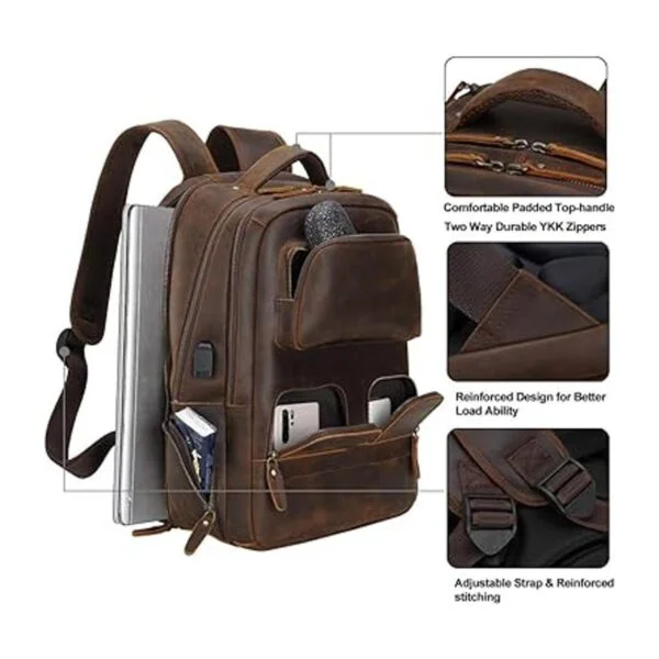 Mochila de cuero auténtico vintage marrón para hombres de_4
