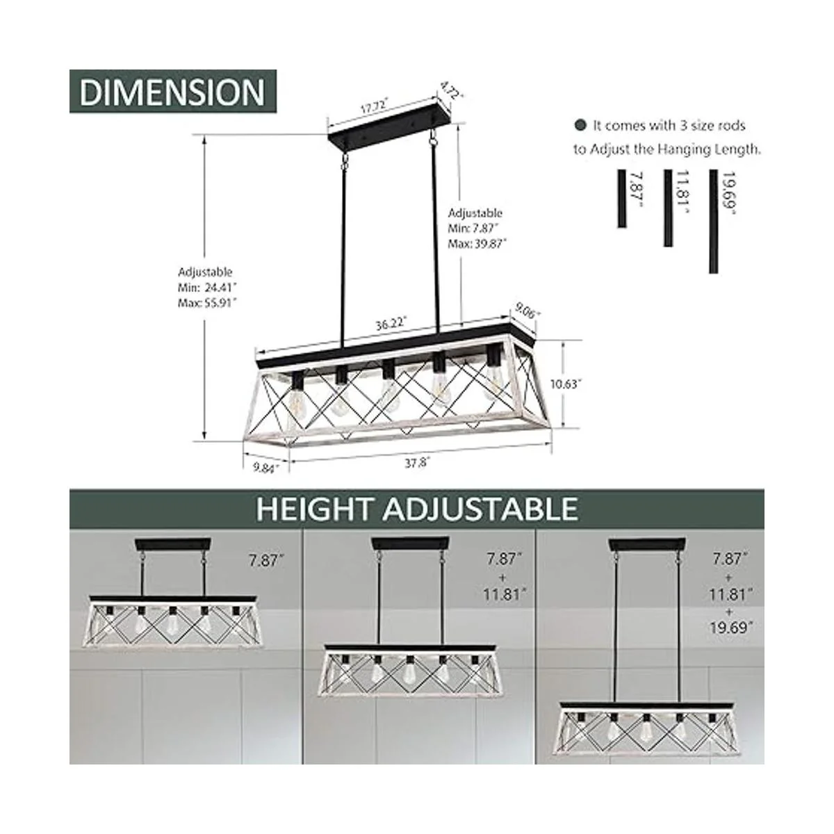 Luupyia Lámpara rectangular de granja rústica 5 luces_2