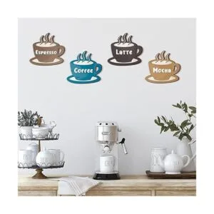 4 piezas de arte de pared de madera para café taza de_2