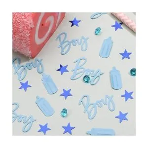 Decoraciones de baby shower con confeti azul bebé niño_3