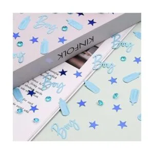 Decoraciones de baby shower con confeti azul bebé niño_2