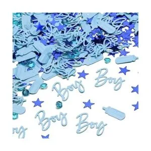 Decoraciones de baby shower con confeti azul bebé niño_1
