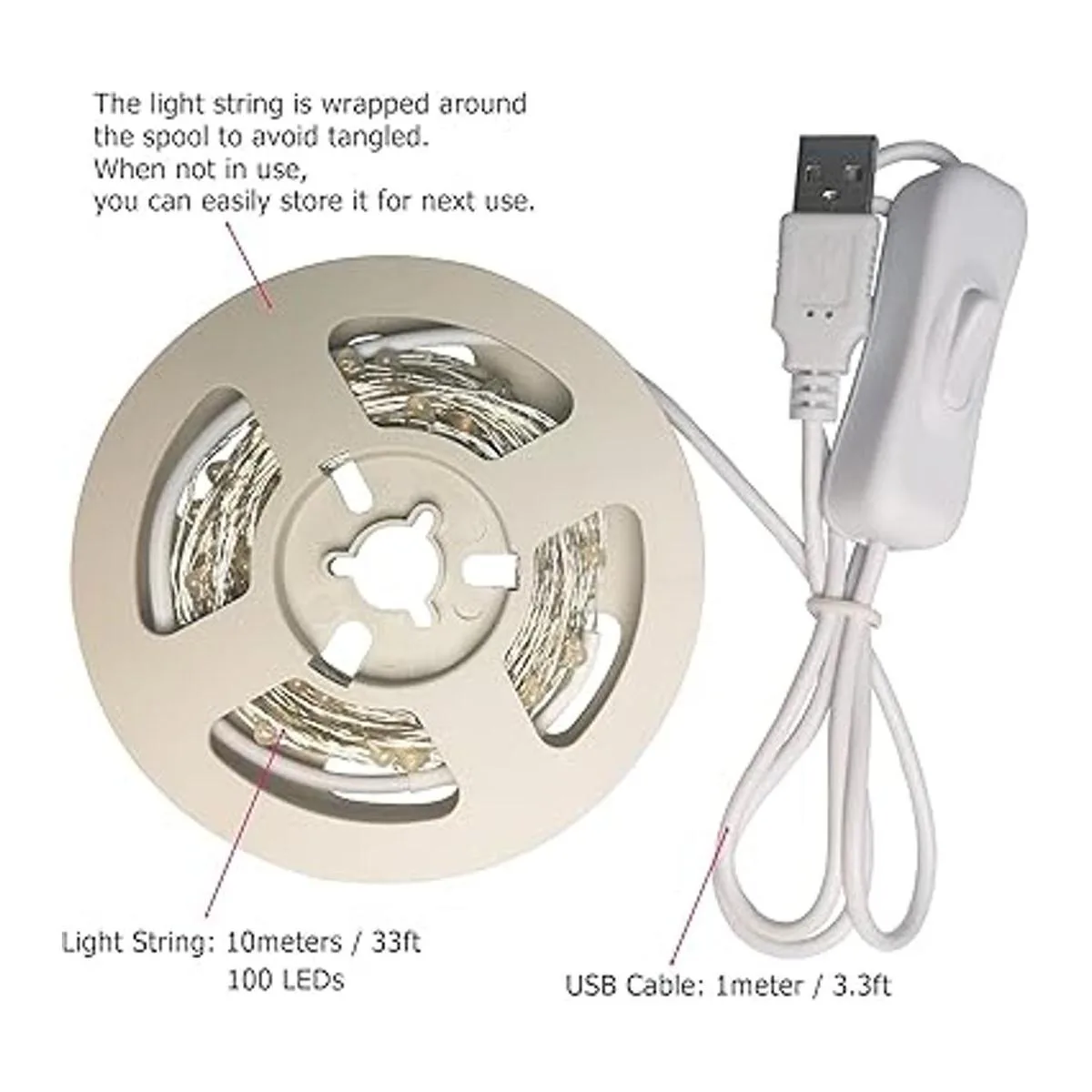 RUICHEN Cable plateado de 33 pies 100 luces LED USB con_2