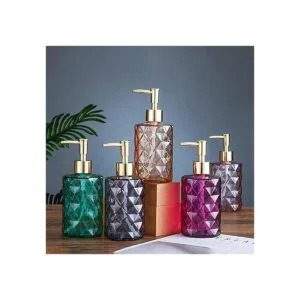 Dispensador de loción de vidrio rosa con bomba de plástico_5