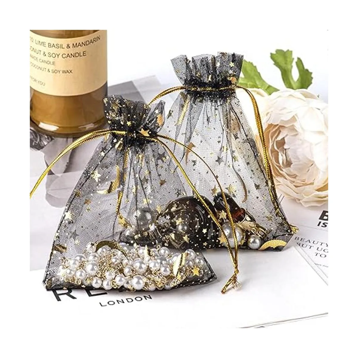 100 bolsas de organza con estampado de estrellas y luna de_5