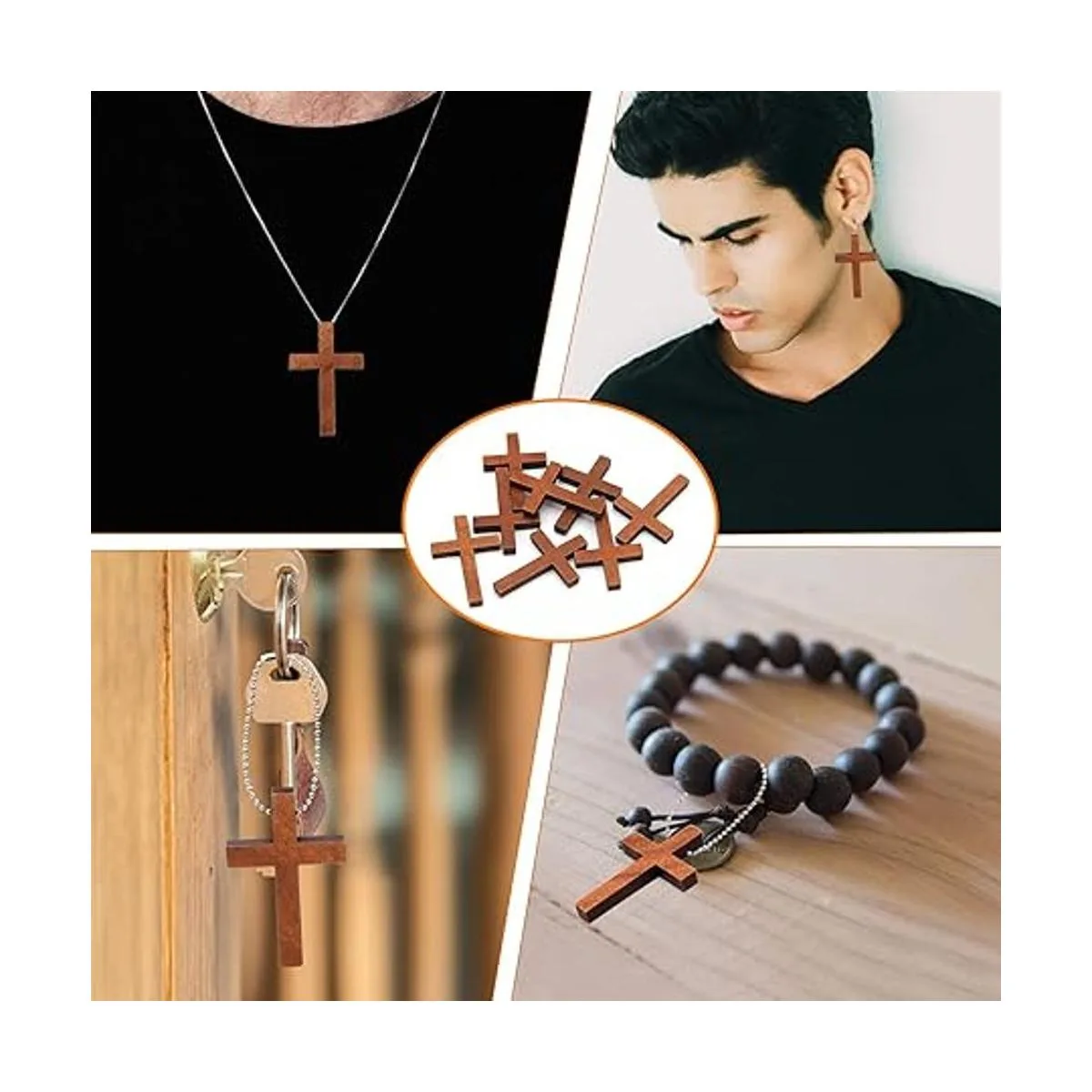 50 mini colgantes de cruz de madera con 50 llaveros mini_7