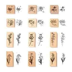 Sello de goma con patrones de plantas de madera flores_1