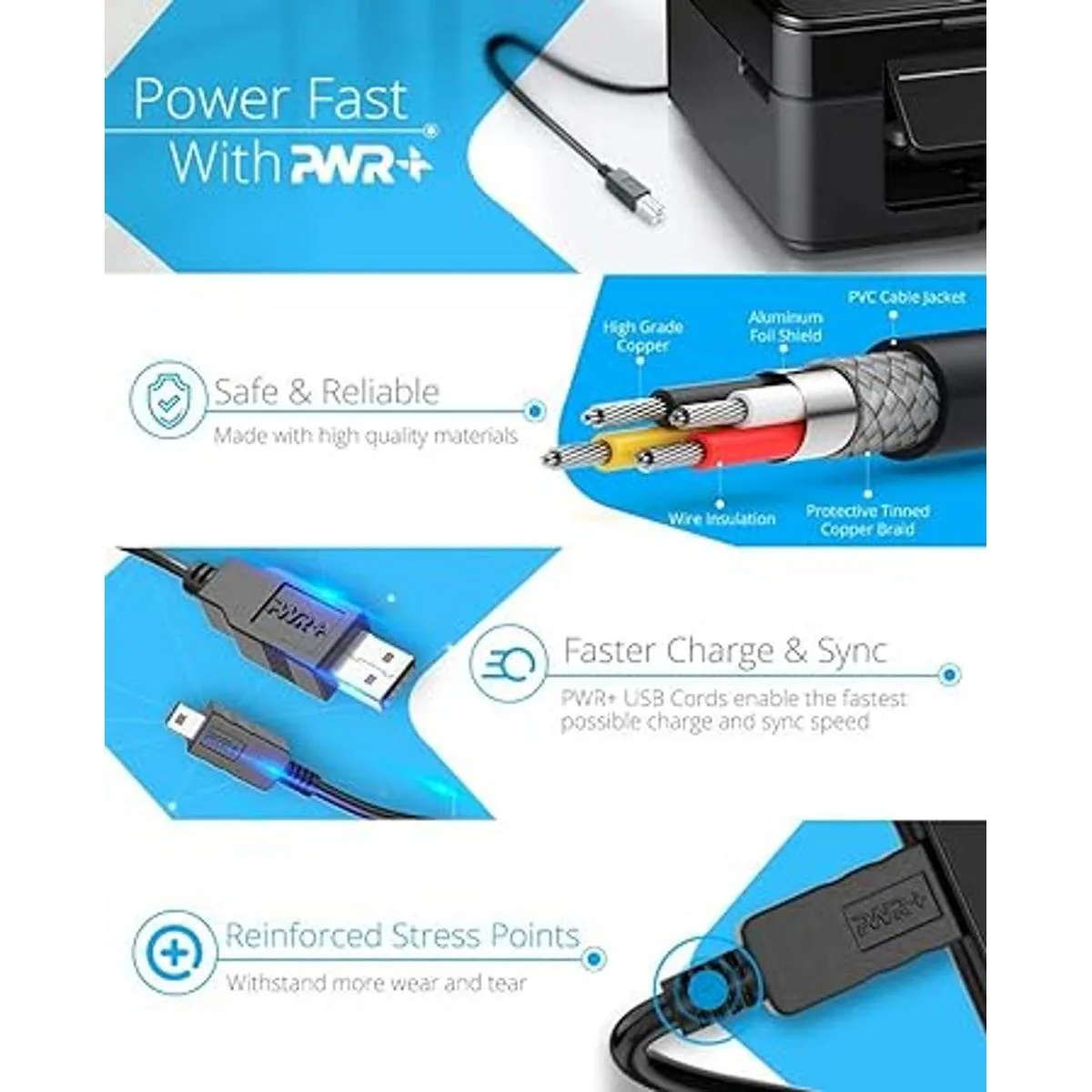 Cable de impresora USB extra largo de 12 pies 2.0 para HP_2