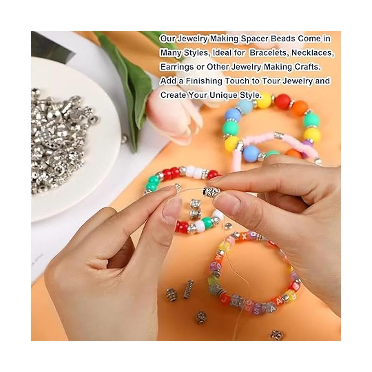 UPINS 300 cuentas espaciadoras de plata para hacer joyas_4