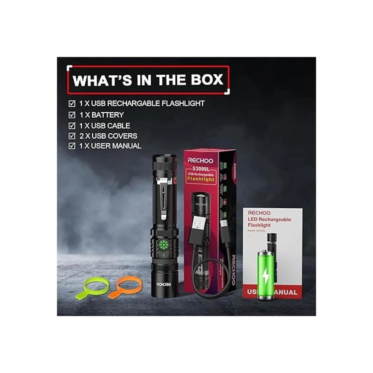 RCHOO Linterna recargable por USB doble interruptor_7