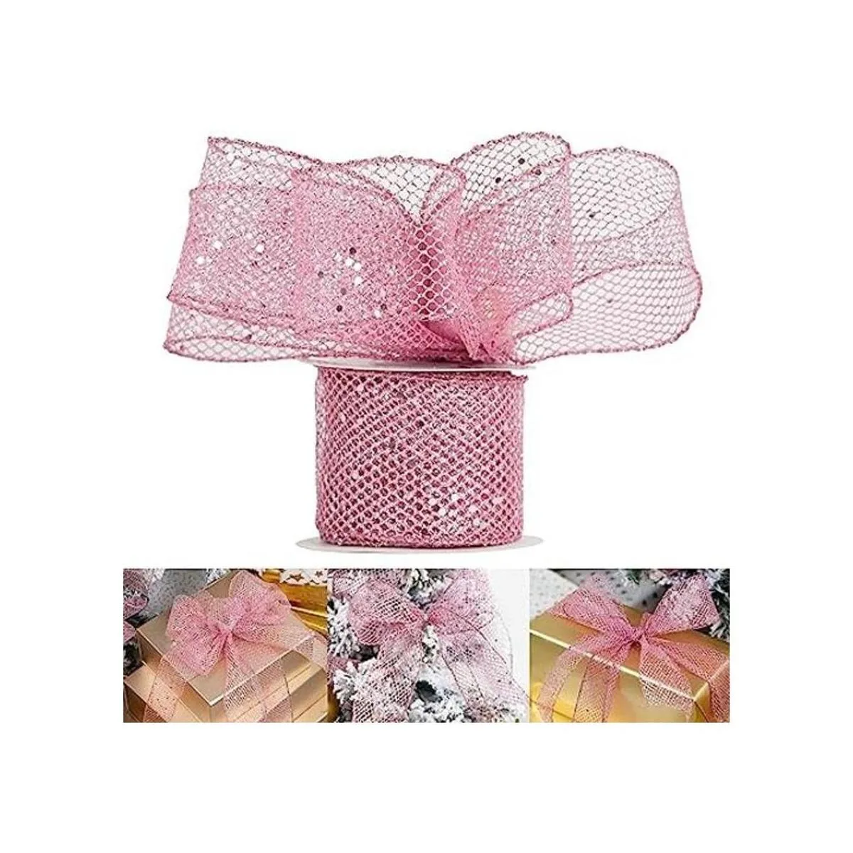 HUIHUANG Cinta de malla con alambre de purpurina rosa con_1