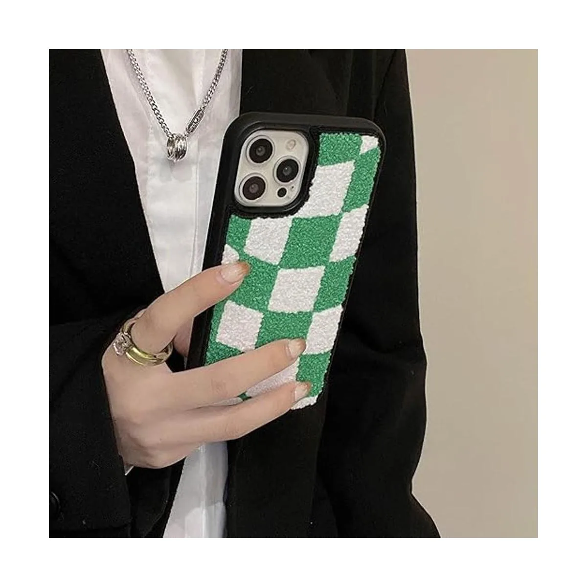 Funda para teléfono de tablero de ajedrez verde y blanco_3