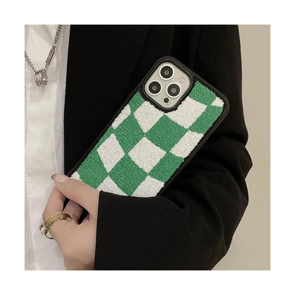 Funda para teléfono de tablero de ajedrez verde y blanco_5