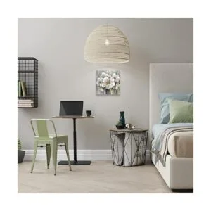 Arte de pared en lienzo de flores blancas decoración_5