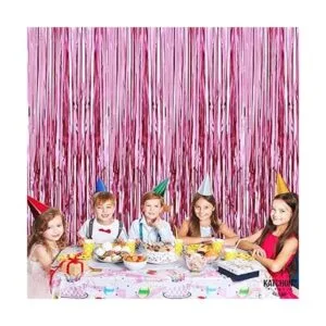 Cortina de flecos de papel de aluminio color rosa_3