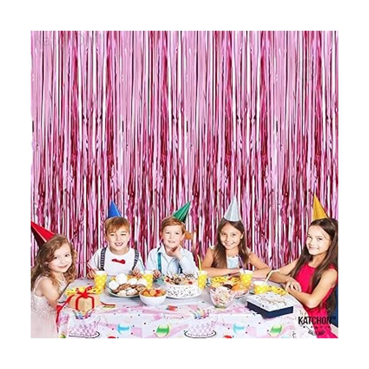 Cortina de flecos de papel de aluminio color rosa_3