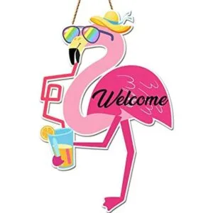 Letrero de bienvenida de flamenco de madera para puerta_1