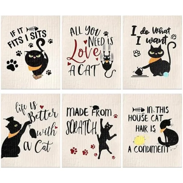 6 paños de cocina suecos divertidos para gatos negros_1