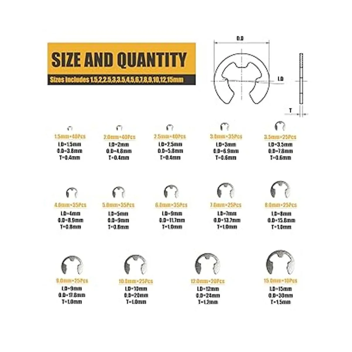 Kit surtido de clips en E de acero inoxidable 304 juego_2