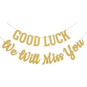 Good Luck We Will Miss You Banner dorado con purpurina_1