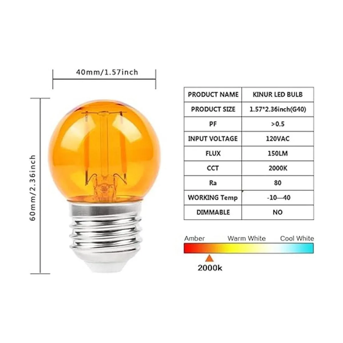 KINUR Bombillas LED Edison G40 pequeñas de color ámbar_3