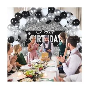 Decoraciones de fiesta de cumpleaños negras y plateadas_6